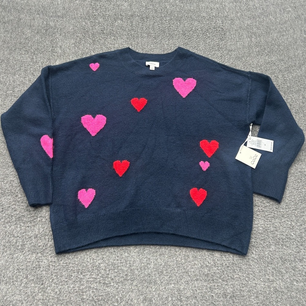 CeCe Heart Sweater‎ M Womens Navy Blue Crew Neck Preppy Casual New